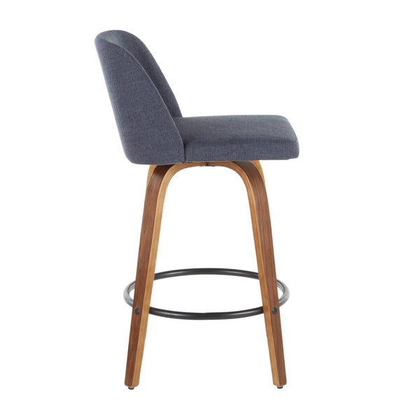 English Elm Toriano Mid-Century Modern Counter Stool Set Of 2 In Walnut & Blue Fabric - Stylish & Comfortable B202S00381-GIGA