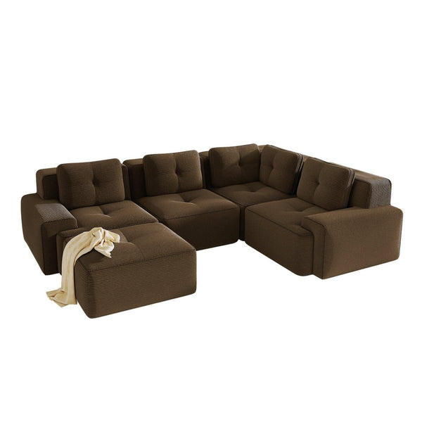 English Elm Modern Corduroy Sectional Sofa Deep Seat V Shape Tufted Couch with Movable Ottoman Brown W714S01576