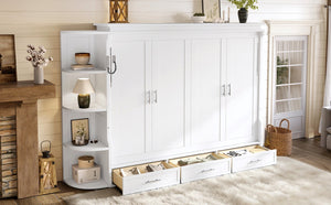 English Elm Queen Murphy Wall Bed with Side Cabinets Open Shelving and Drawers for Studio Rooms White W1580S00452
