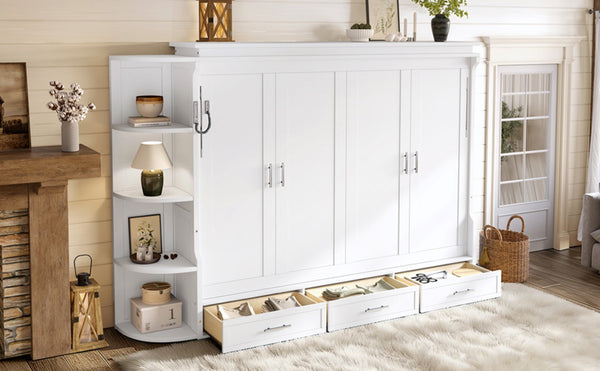 English Elm Queen Murphy Wall Bed with Side Cabinets Open Shelving and Drawers for Studio Rooms White W1580S00452