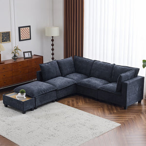 English Elm 90" U-shaped Sectional Sofa Modular Couch with Movable Ottoman, Hidden Charging Coffee Table, Durable Comfort Blue N719S001780C