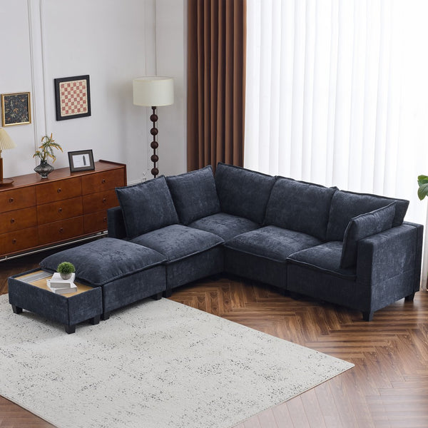 English Elm 90" U-shaped Sectional Sofa Modular Couch with Movable Ottoman, Hidden Charging Coffee Table, Durable Comfort Blue N719S001780C