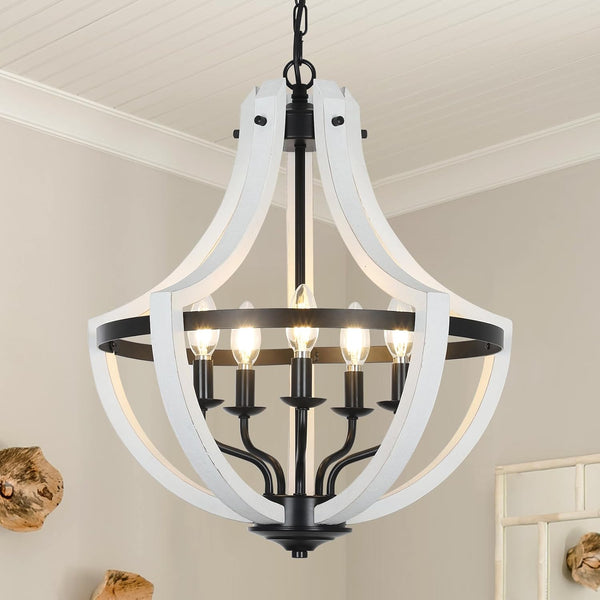 English Elm 5-Light Farmhouse Chandelier Vintage Geometric Wooden Frame Metal Fixture for Dining Room Foyer White W2738P242329