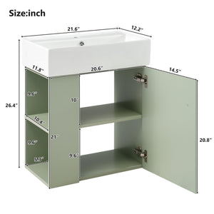 English Elm 21.6 Modern Floating Bathroom Vanity with Ceramic Basin, Wave Door, Rose Gold Handle, Space-Saving Green N729P170390F