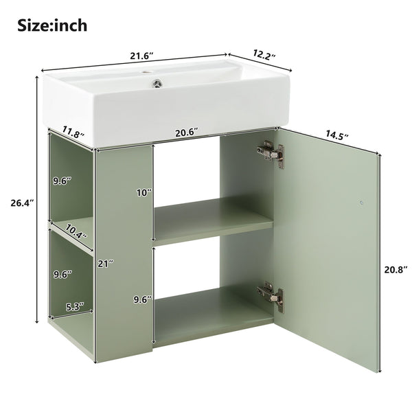 English Elm 21.6 Modern Floating Bathroom Vanity with Ceramic Basin, Wave Door, Rose Gold Handle, Space-Saving Green N729P170390F