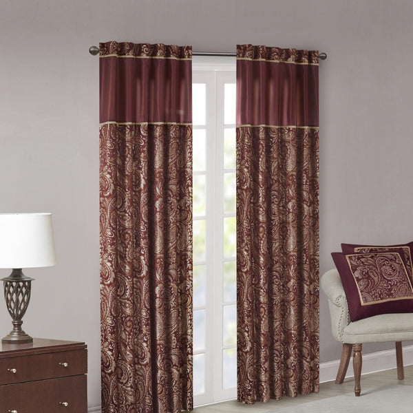 JLA Home Madison Park - Jacquard Aubrey Curtain Panels with Paisley Motif, Faux Silk Piecing, Gold Piping, OEKO‑TEX Certified Elegance Burgundy MP40-2680