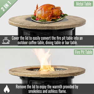 English Elm 30" 50000BTU Propane Fire Pit Table with Faux Wood Grain Top, Stainless Burner, Glass Rocks, Black W853P194144