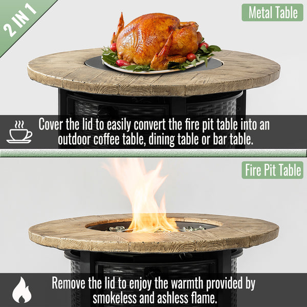 English Elm 30" 50000BTU Propane Fire Pit Table with Faux Wood Grain Top, Stainless Burner, Glass Rocks, Black W853P194144