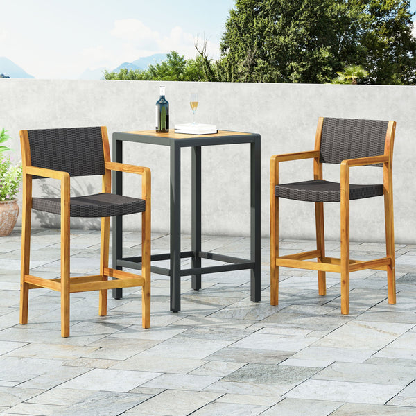 English Elm Christopher Knight Home® - GENESEE Acacia Wood Outdoor Bar Stools Set of 2 — Teak Finish Faux Rattan Seats, Handcrafted Elegance 68991.00PEBLK