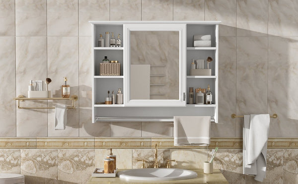 English Elm 3-in-1 Wall Mounted Medicine Cabinet with Soft Close Door Towel Bar and Vanity Mirror White N710P358618K