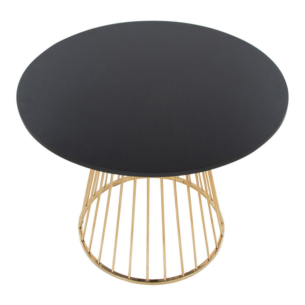 English Elm Canary Glam Dining Table with Gold Cage Base and Black Round MDF Top — Seats 4, Contemporary Chic B202S01102