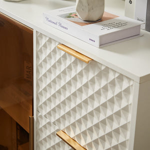 English Elm Deluxe Modern Carved Chest of Drawers with Tempered Glass Doors, 3 Drawers + 2 Compartments, Sleek Metal Legs White W1162P295364