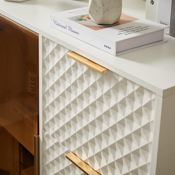 English Elm Deluxe Modern Carved Chest of Drawers with Tempered Glass Doors, 3 Drawers + 2 Compartments, Sleek Metal Legs White W1162P295364