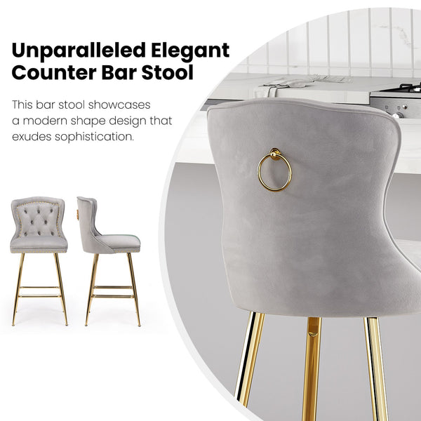 English Elm Bar Stools Set Of 2 - Luxurious Gray Velvet Wingback Chairs With Nailhead Trim For Modern Spaces T3623P363073
