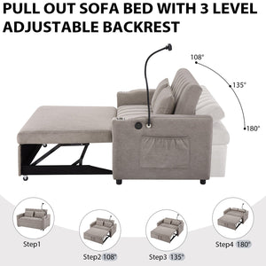 English Elm 55.9" Convertible Sofa Bed Loveseat with 3 USB Ports, Cup Holders, Side Pockets & 360° Phone Swivel LIGHT GREY WF322620AAR