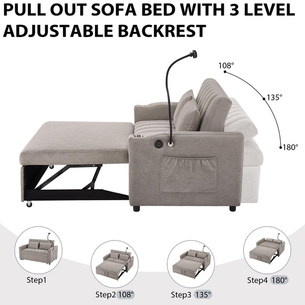 English Elm 55.9" Convertible Sofa Bed Loveseat with 3 USB Ports, Cup Holders, Side Pockets & 360° Phone Swivel LIGHT GREY WF322620AAR