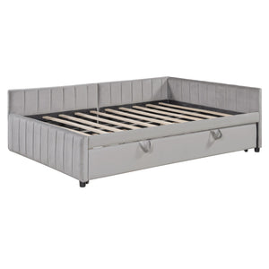 English Elm Full L-Shaped Upholstered Daybed with Twin Pop-Up Trundle, Vertical Stripe Design, Cozy Lounge Style (98) Gray SF000191AAE