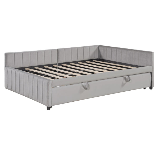 English Elm Full L-Shaped Upholstered Daybed with Twin Pop-Up Trundle, Vertical Stripe Design, Cozy Lounge Style (98) Gray SF000191AAE