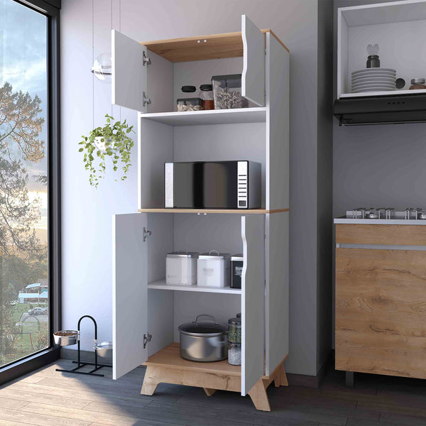 English Elm Brussel Multicolor Microwave Pantry Cabinet with Countertop Surface, Top & Lower Double Doors, Sturdy Wood Support B128S00133