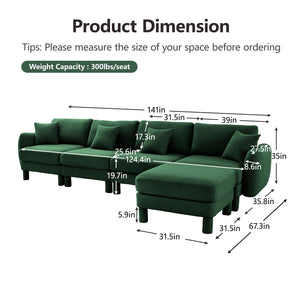 English Elm Boucle Fabric Convertible L-Shaped Sectional Sofa For 4 With Shell Armrests & Removable Ottoman, Green W3041S00312