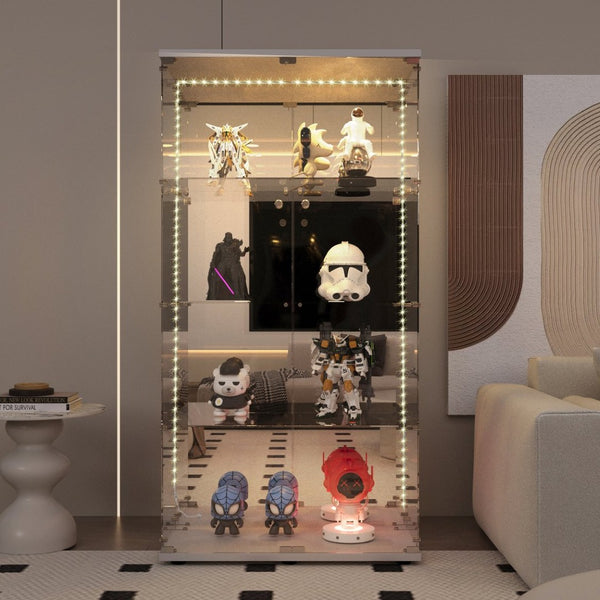 English Elm Tempered Glass Display Cabinet With Bluetooth Led Light, Locking Door, Mirrored Back – Stylish Storage! W3155S00016-GIGA