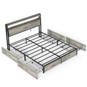 English Elm Queen Metal Platform Bed with Rgb Led Headboard Charging Station and Underbed Storage T3963P482868