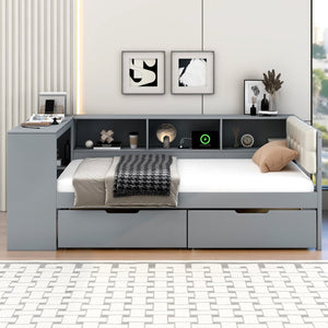English Elm Wood Twin Size Platform Bed With Storage, Charging Station & Upholstered Headboard - Gray Design GX002107AAE-1-GIGA