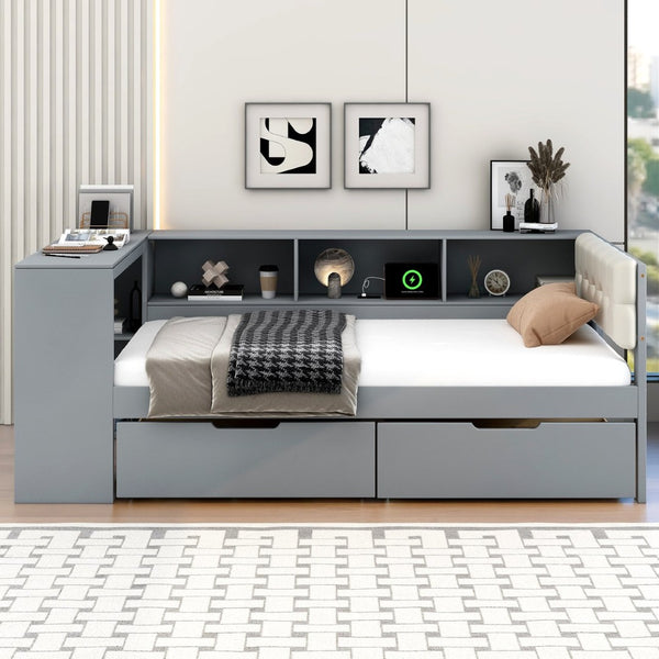 English Elm Wood Twin Size Platform Bed With Storage, Charging Station & Upholstered Headboard - Gray Design GX002107AAE-1-GIGA