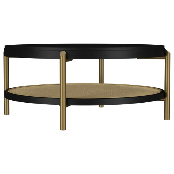 English Elm Benson Round Coffee and End Table Set with Brass Legs Rattan Shelf Accent B062S01404