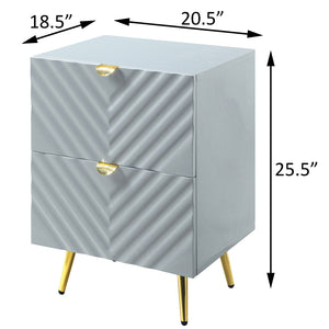 English Elm Grey High Gloss Wave Nightstand with Gold Accents, 2 Drawers, Metal Legs — Modern Textured Storage B062P186417