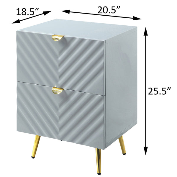English Elm Grey High Gloss Wave Nightstand with Gold Accents, 2 Drawers, Metal Legs — Modern Textured Storage B062P186417