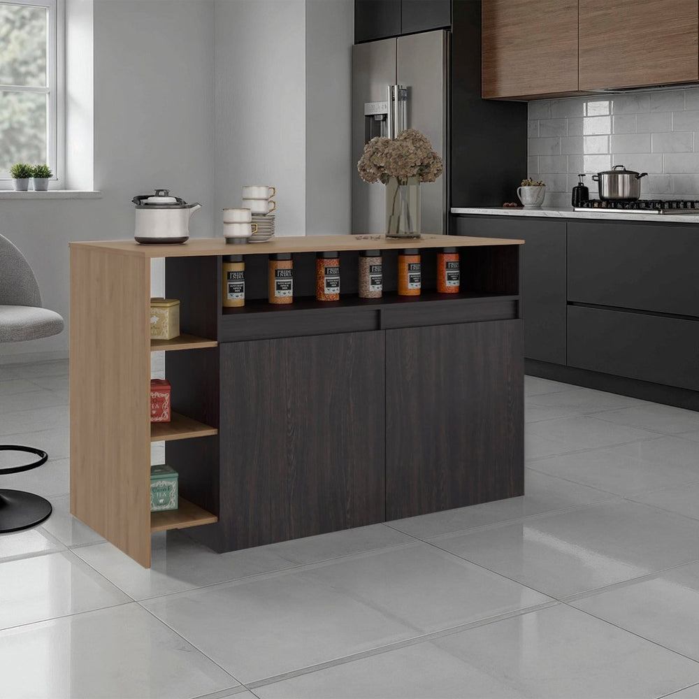 English Elm Wenge Two-tone Oak Kitchen Island with Cabinet Storage and Open Side Shelving B062S01862