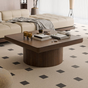 English Elm 34.6'' Square Coffee Table Parquet Wood Veneer Sculptural Cylindrical Base Modern Living Room Walnut W1435P337647