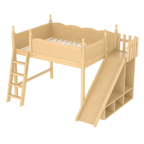 English Elm Twin Loft Bed Solid Pine Frame with Wardrobe Shelving Detachable Slide Kids Room Natural W5305S00022