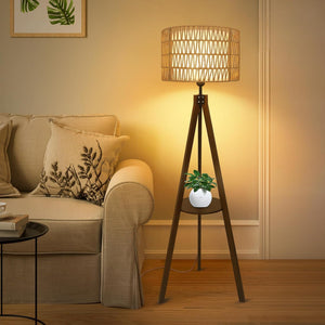 English Elm Boho Rubber Wood Tripod Floor Lamp with Shelves, Dual Rattan & Fabric Shades, Foot Switch Light W2738P185422