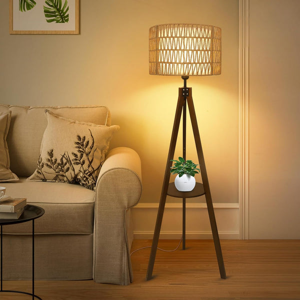 English Elm Boho Rubber Wood Tripod Floor Lamp with Shelves, Dual Rattan & Fabric Shades, Foot Switch Light W2738P185422