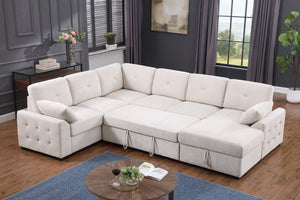 English Elm Multi Functional L Shaped Sectional Sofa with Sleeper and Hidden Storage Chaise Beige B2730S00057
