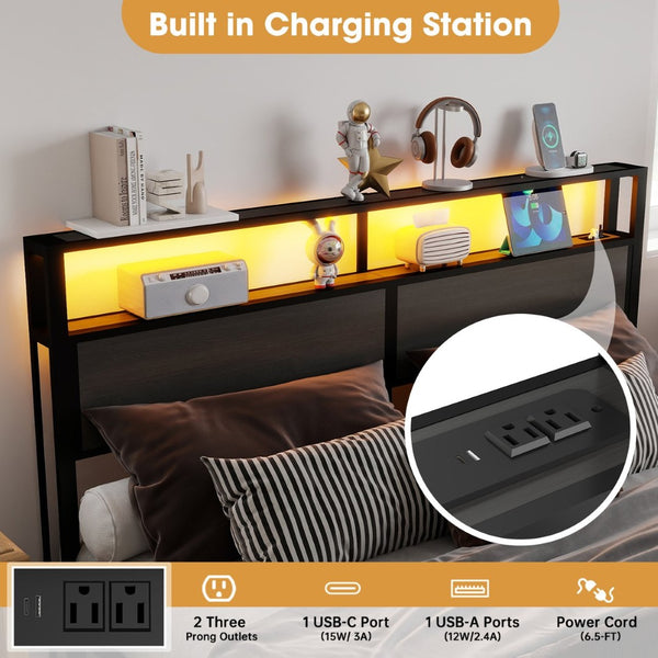 English Elm Queen Metal Platform Bed with Rgb Led Headboard Charging Station and Underbed Storage T3963P483808