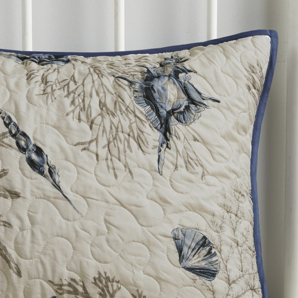 English Elm Brushed Bayside Reversible Quilt Set with Seashell Print, Blue/Ivory Twin/Twin XL, 5pc Coastal Accents pillows embroidered pleated дизайн B03597503