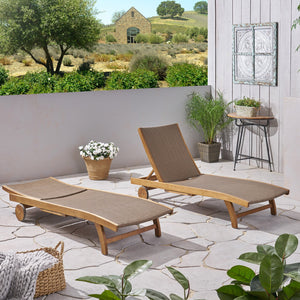 English Elm Christopher Knight Home® - BANZAI Chaise Lounge Set of 2 Brown Leather with Pull-Out Tray, Adjustable Recline, Woven PE Wicker Wheels 63124.00MP2