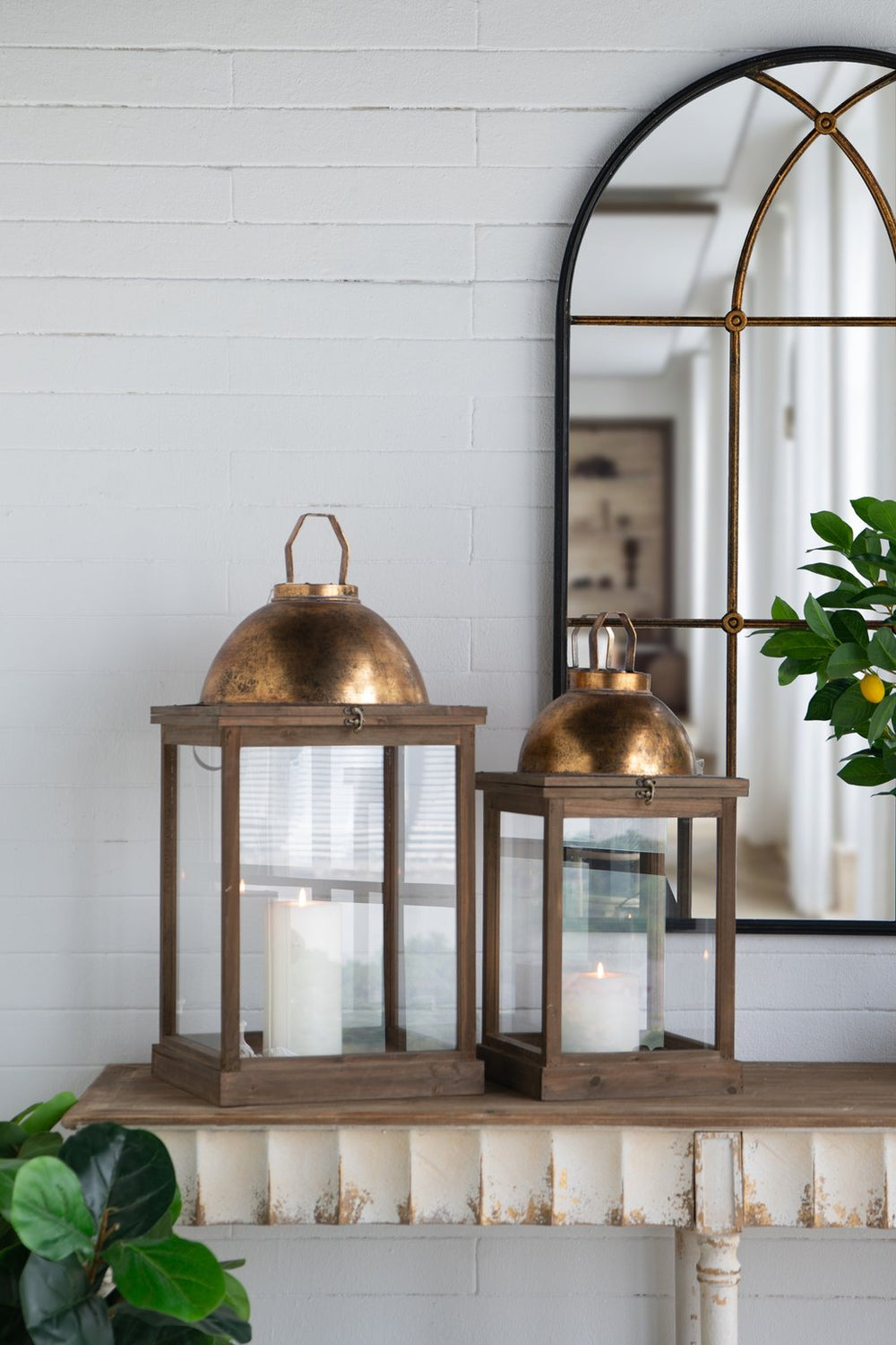 English Elm S/2 Vintage Brown Wooden Lanterns with Clear Glass & Gold Dome Accents, Warm Ambient Glow for Home Decor W2078P370151