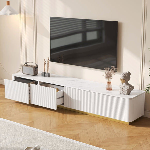 English Elm ON-TREND Fluted TV Stand with Faux Marble Top and Gold Base — 78.7" Modern Media Console with 4 Drawers White N721P298025K