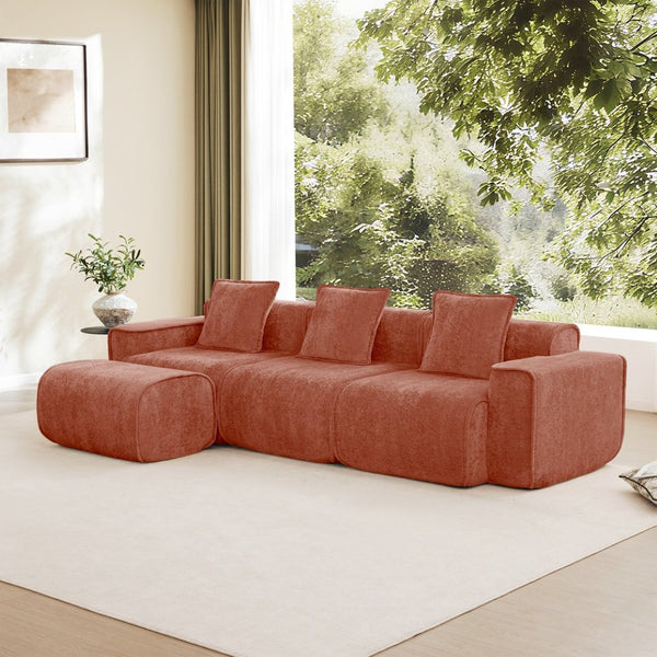 English Elm Streamlined Velvet L-shaped Sectional Sofa with Ottoman and Cloud Cushion Living Room Red W3041S00359
