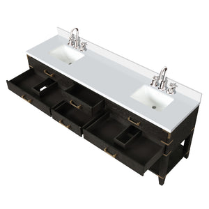 English Elm Black Oak Double Bath Vanity 84" W With White Quartz Top, Chrome Faucet & Ample Storage Solutions B2731P261079