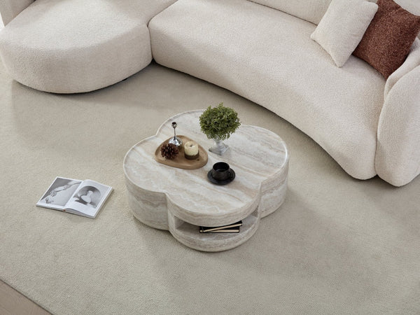 English Elm 31.5" Clover Round Faux Marble Coffee Table with Open Shelf for Modern Living W2664P462015