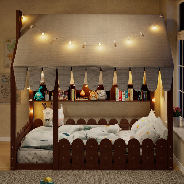 English Elm {slats Are Not Included} Twin Montessori House Floor Bed Kids Tent Lights Shelves Pinewood Frame Espresso N708P407963P
