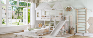 English Elm Twin Over Full Playhouse Bunk Bed with Slide Ladder Storage Shelves and Wardrobe Light White W5305S00039