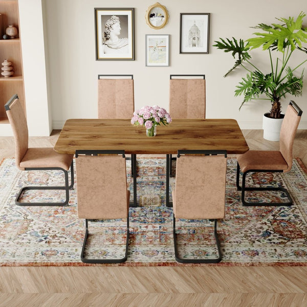 English Elm Table 67"X36" Modern Dining Set With 6 Ergonomic Brown Chairs & Stylish Black Metal Legs For Comfort W1151S01956-GIGA