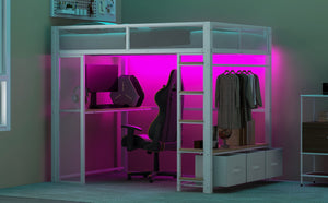 English Elm Full Metal Gaming Loft Bed with LED Lighting, Built-In Desk, Open Wardrobe and 3 Drawers for Space-Saving Comfort White GX001133AAK