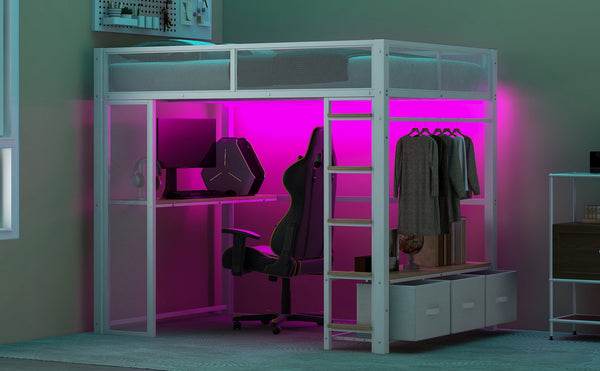English Elm Full Metal Gaming Loft Bed with LED Lighting, Built-In Desk, Open Wardrobe and 3 Drawers for Space-Saving Comfort White GX001133AAK